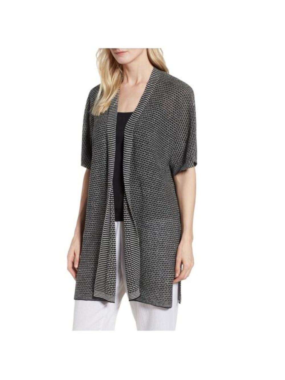 Eileen Fisher Cardigan Womens L Black White Organic Linen Striped Short Sleeve